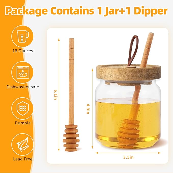 No Drip 18oz Glass Honey Jars with Wooden Dipper & Airtight Lid, Leakproof Kitchen Storage for Raw Honey Pot with Stick