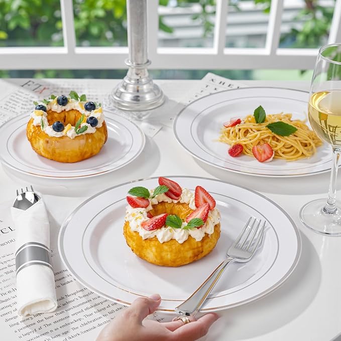 WDF 120PCS Plastic Christmas Plates White Silver Rim - Disposable Plates including 60PCS for Dinner 10.25inch, 60 Salad/Dessert Plates 7.5inch Heavy Duty Wedding