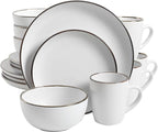 Gibson Home Rockaway Round Stoneware Dinnerware Set, Service for 4 (16pcs), Matte White/Metallic Rim