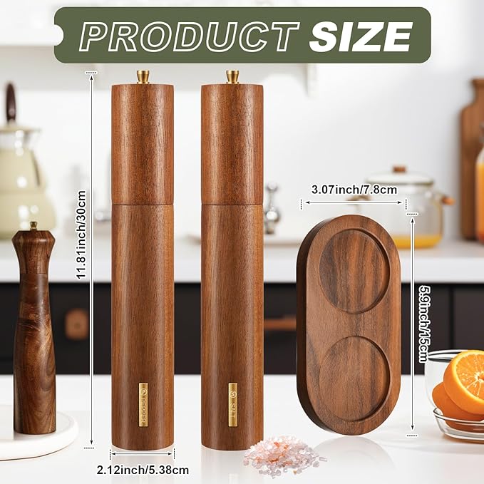 Wooden Salt and Pepper Grinder Set 11.8 Inch Manual Salt and Pepper Mill with Tray Adjustable Coarseness and Refillable Wood Grinders with Gold Bottle Label for Kitchen(Wood Color)