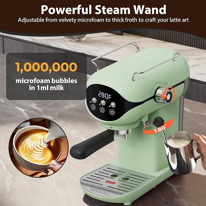 Espresso Machine with Steam Milk Frother Semi Automatic 20 Bar Compact Green with Toggle Switch for home Cafetera Espresso, Latte, Cappuccino, Americano, Macchiato
