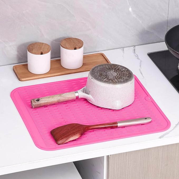 Silicone Dish Drying Mat for Multiple Usage,Easy clean,Eco-friendly,Heat-resistant Silicone Mat for Kitchen Counter or Sink,Refrigerator or Drawer Liner Rose XL 18 inches x 16 inches
