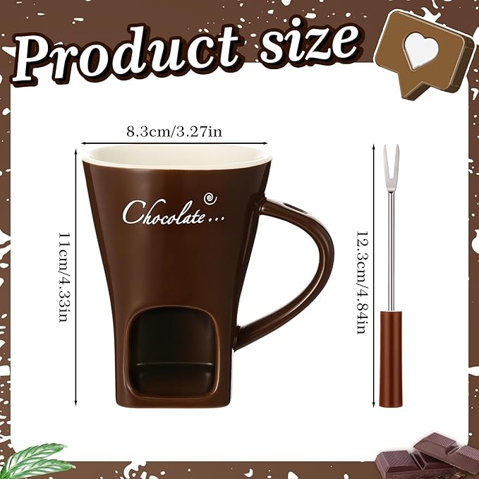 Honeydak 2 Set Chocolate Fondue Mug with Fork and Candle Sweet Ceramic Personal Chocolate Melting Cup Ideal Gifts for Birthday Date Night Birthday Wedding Gifts (Brown)