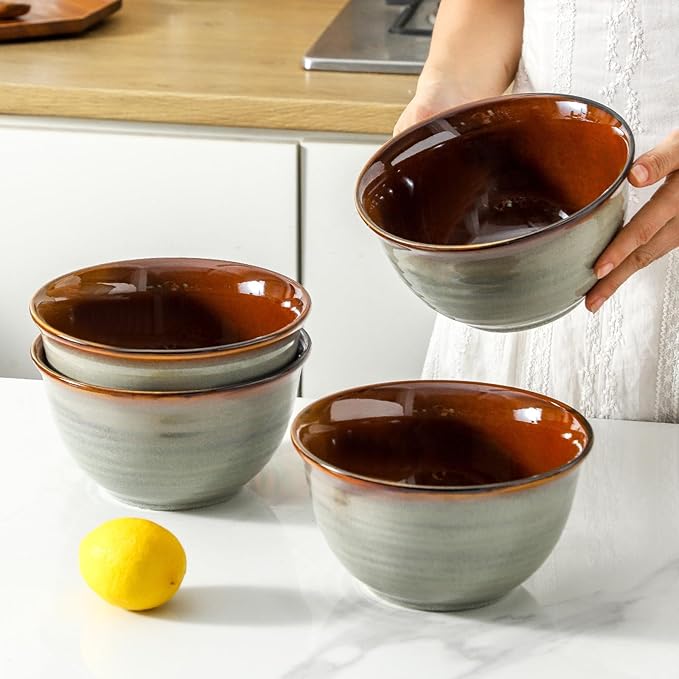 MEKY Soup Bowls, 40oz Large Deep Stoneware Cereal Bowls for Salad, Pasta, Popcorn - Dishwasher & Microwave Safe Set of 4, Elegant Stackable Porcelain Kitchen Dining Serveware, Brown