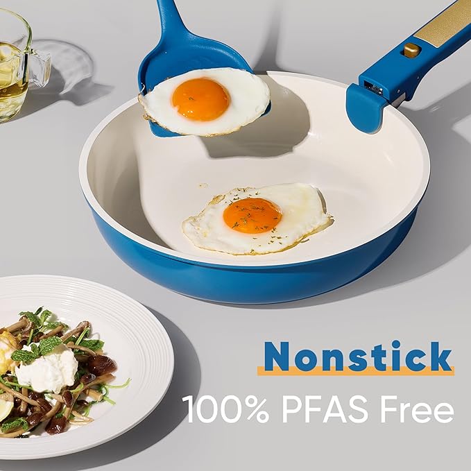 CAROTE 15Pcs Ceramic Cookware Set, Pots and Pans Set Non stick, Non Toxic Cookware Detachable Handle, Induction Cookware, Dishwasher/Oven Safe, RV/Camping, PFAS Free, Blue&Gold