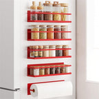 Royali Spice Rack for Refrigerator - Magnetic Fridge Shelf, Kitchen Spice Organizer, Space Saving, Red, 4 Pack With Magnetic Paper Towel Holder