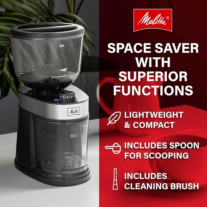 Melitta Molino Flat Burr Coffee Grinder | Whole Bean Grinder | Easy Clean & Assembly | Safety Lock Feature | with Cleaning Brush and Spoon Included |Capacity: 8 oz (225g) | 14 cups