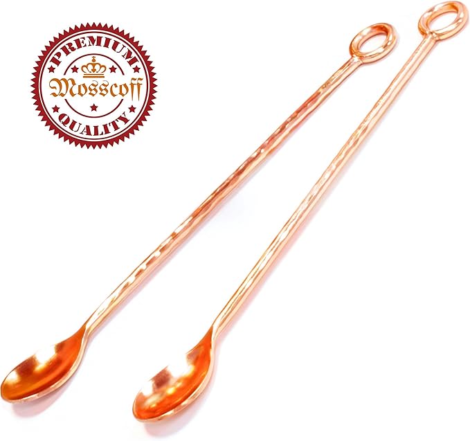 Copper mixing spoons set of 2 - copper plated stainless steel bar spoons with elegant ring on top. - Copper stirring spoon for Moscow mules