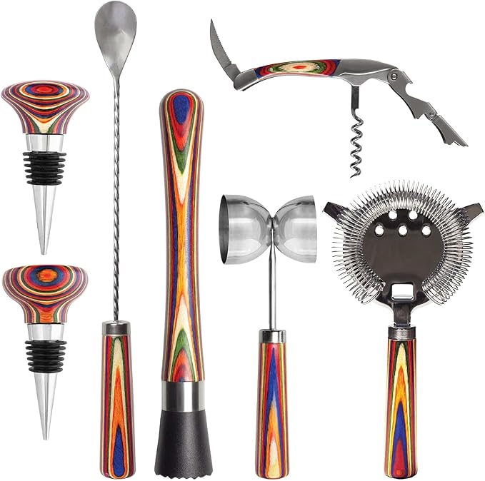 Totally Bamboo Baltique Marrakesh 7 Piece Bartender Kit, Gift Set with Bar Accessory Tools, Muddler, Double Sided Jigger, Hawthorne Cocktail Strainer, Bar Spoon, Waiter's Friend and 2 Bottle Stoppers