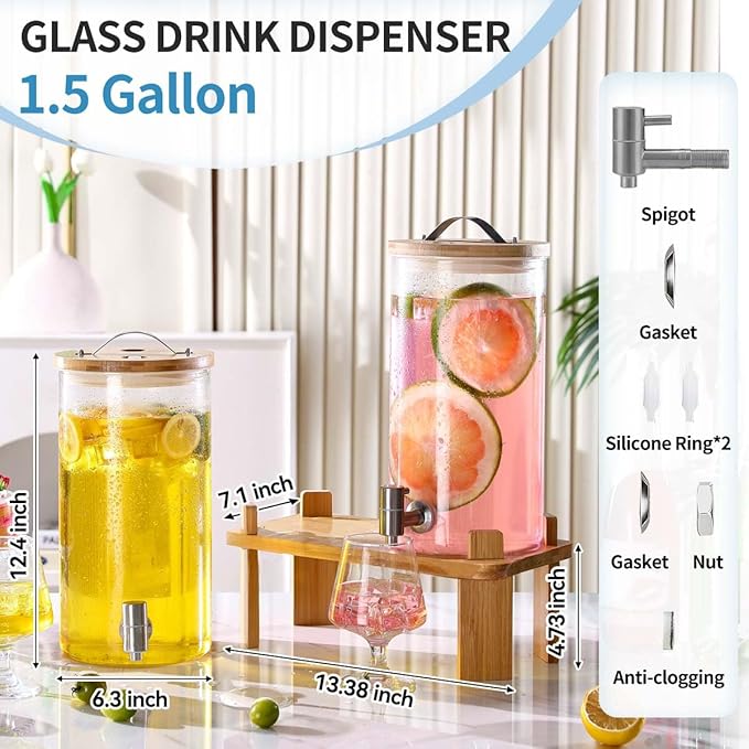 2 PCS Glass Drink Dispenser Set 1.5 Gallon With Stand, Spigot, Large Water Drink Dispensers for Parties for Lemonade, Juice, and Wedding, Bars