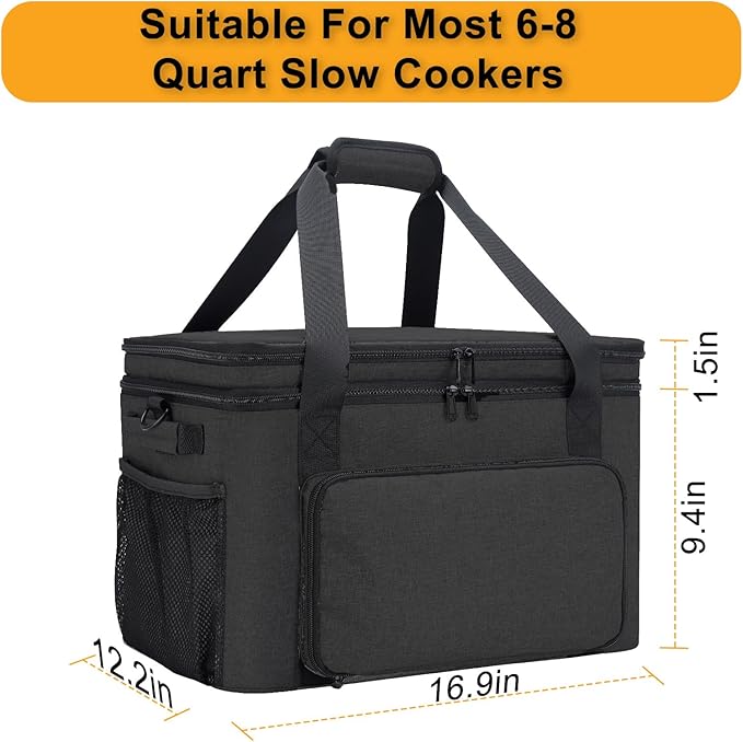 Slow Cooker Carrying Bag, Double Layer Insulated Design Slow Cooker Carrier with Removable Hard Liner and Pot Lid Fastener Fit for 6-8 Quart Crock Pot, Black
