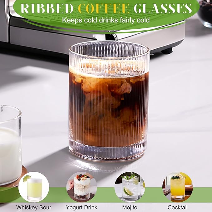 LUNA & MANTHA Ribbed Glasses Drinking Set of 8-17oz Large Capacity Highball Glasses, 12oz Rocks Glass Cups, Vintage Cocktail Glasses, Ideal for, Water, Ice Coffee Cup, Whiskey, Mixed Drinkware