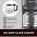 MUELLER HOME 12-Cup Drip Coffee Maker Perfect for Home or Office, Borosilicate Carafe, Auto-Off, Reusable Filter, Anti-Drip, Keep-Warm Function, Clear Water Level Window, Gray