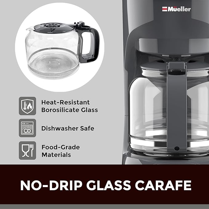MUELLER HOME 12-Cup Drip Coffee Maker Perfect for Home or Office, Borosilicate Carafe, Auto-Off, Reusable Filter, Anti-Drip, Keep-Warm Function, Clear Water Level Window, Gray