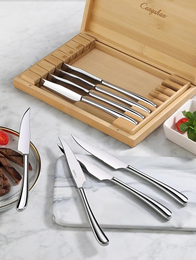 Cangshan 1027044 Rain II Series 8-Piece 420 Stainless Steel Forged Steak Knife Set in Bamboo Storage Chest
