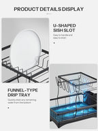 Dish Drying Rack, 2 Tier Dish Drainer with Removable Utensil Holder and Swivel, Durable High Carbon Steel Material, Larger Capacity, Easy Installation, Black