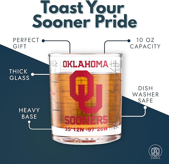 Greenline Goods – University of Oklahoma Sooners College Whiskey Glasses (Set of 2), 10 oz – Full-Color Logo + Campus Map