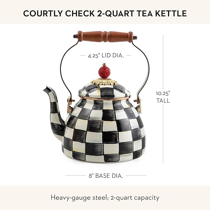 MACKENZIE-CHILDS Enamel Tea Kettle, Stylish Tea Kettle for Stovetop, Black-and-White Courtly Check, 2 Quarts