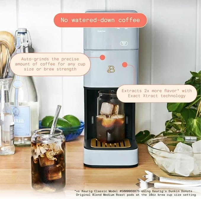 Beautiful Perfect Grind Programmable Single Serve Coffee Maker with Touch-activated Display, Programmable and Integrated Burr Grinder, 64oz Water Reservoir (Cornflower Blue)