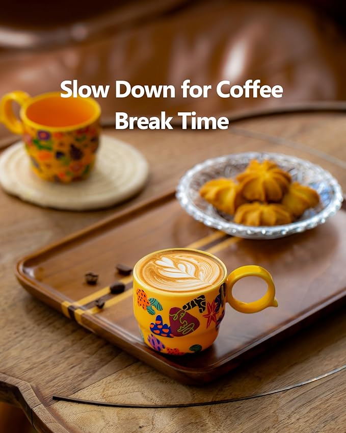 Ceramic Mini Espresso Cups Set of 2 – 3 oz Double Espresso Coffee Cups with Q Handle, Yellolw Floral and fruit Pattern, Small Espresso Shot Cups for Home Coffee Bar,Lungo