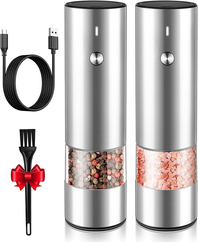 Electric Salt and Pepper Grinder Set - USB Rechargeable - Durable Modern Style - Automatic Black Peppercorn & Sea Salt Spice Mill Set with Adjustable Coarseness & LED Light Refillable