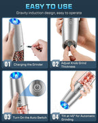 XinXu RECHARGEABLE Salt and Pepper Grinder Set,Automatic Pepper Mill,USB Rechargeable,Adjustable Coarseness,One-handed Operation,Ceramic Burr,Refillable,Auto Grinders Shakers LED Light,Sliver