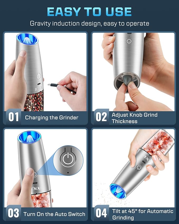 XinXu RECHARGEABLE Salt and Pepper Grinder Set,Automatic Pepper Mill,USB Rechargeable,Adjustable Coarseness,One-handed Operation,Ceramic Burr,Refillable,Auto Grinders Shakers LED Light,Sliver