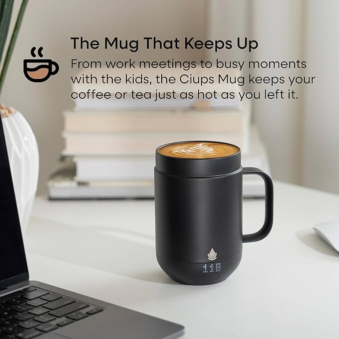 Ciups - Smart Heated Coffee Mug, 16 oz, 4-Hour Battery Life, Cup Warmer, Self Heating, Temperature Control, LED Display, Black