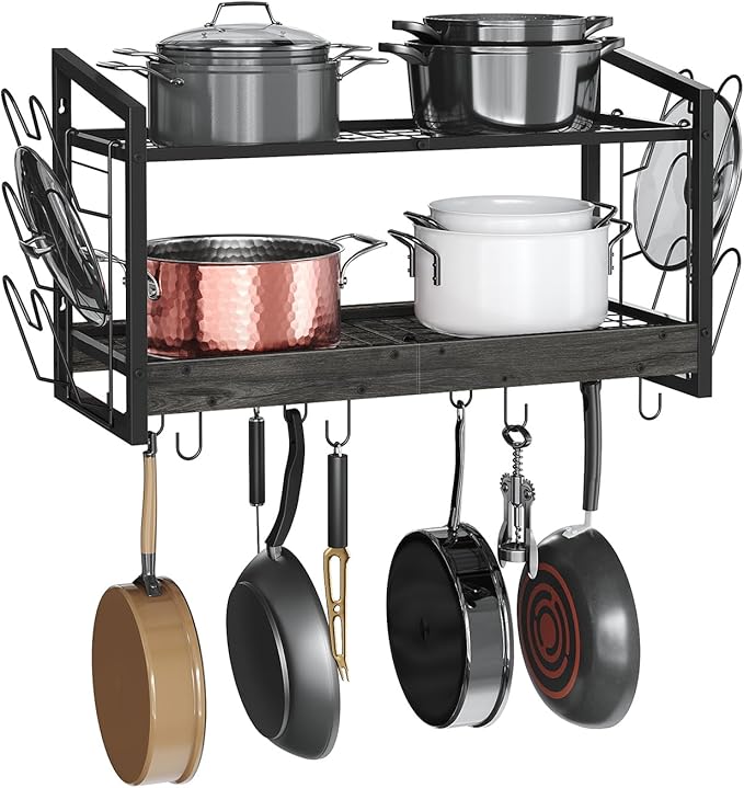 Hanging Pot Rack, Pot Rack Wall Mounted, 2-Tier Kitchen Pot and Lid Organizer, Wall-Mounted Cookware Holder with 12 Hooks, for Kitchen Storage of Pots, Pans, Utensils, Charcoal Black TPR02BC