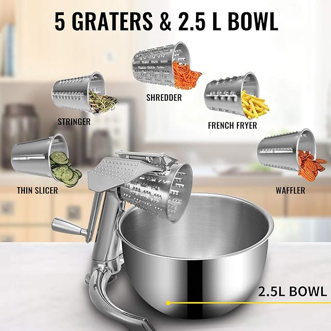 VEVOR Rotary Cheese Grater, Zinc Alloy Rotary Vegetable Mandoline, Manual Cheese Mandoline w/ 5 Stainless Steel Cutting Cones, Manual Vegetable Grater w/ 2.5L Bowl, Rotary Shredder w/Suction Base