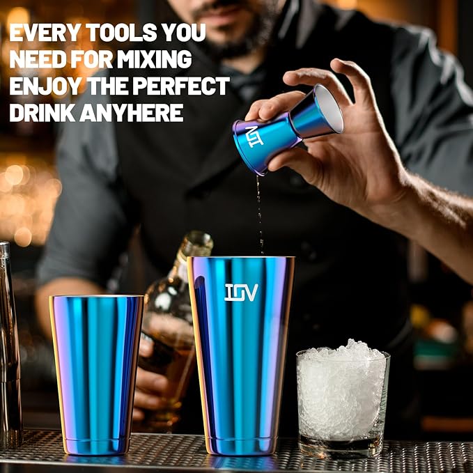 IOV Boston Cocktail Shaker Bar Set, Bartender Kit Drink Mixer Set with 18 oz & 28 oz Boston Shakers, Hawthorne Strainer, Double Jigger, Bar Tool Kit and Recipe Booklet - Rainbow