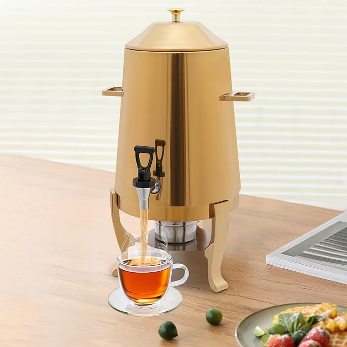 Coffee Urn with Fuel Holder 3.5 Gal/13L Electric&Alcohol Heating, Stainless Steel Beverage Dispenser with Stand, Tea Water Coffee Chafer Urn for Parties Buffet Catering Commercial Home (Gold)