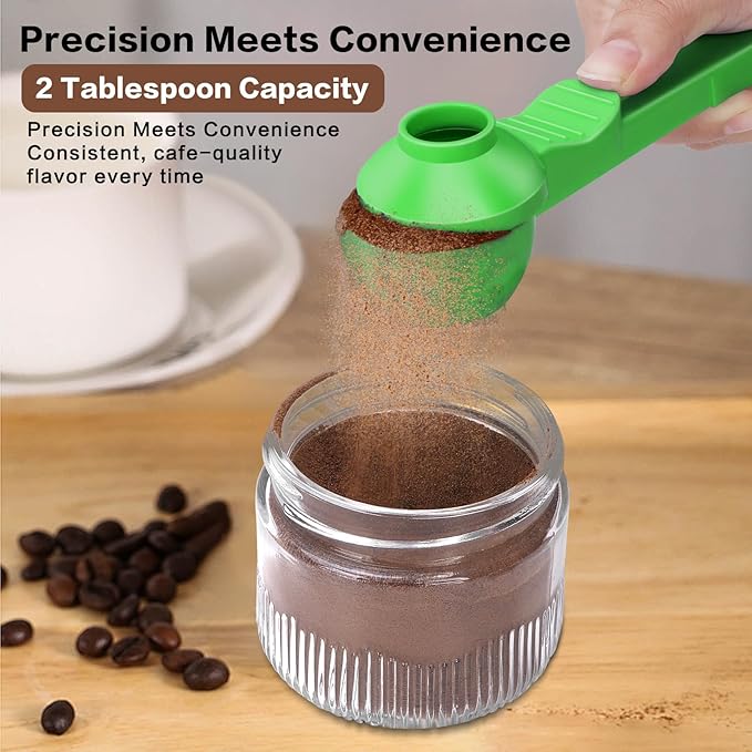 2-in-1 Coffee Scoop with Funnel, 2 Teaspoon Measuring Spoon for Reusable K Cups, Ground Coffee, Protein Powder & Tea, Mess-Free Plastic Design (Green)
