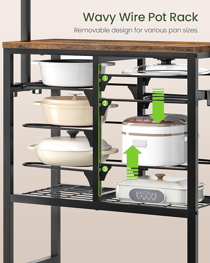 Pots and Pans Organizer Rack, Kitchen Bakers Rack, Multi-Tier Storage Shelf, Kitchen Island Table, Cooking Rack with Pots and Pans Storage, Rustic Brown and Black TPR60BF