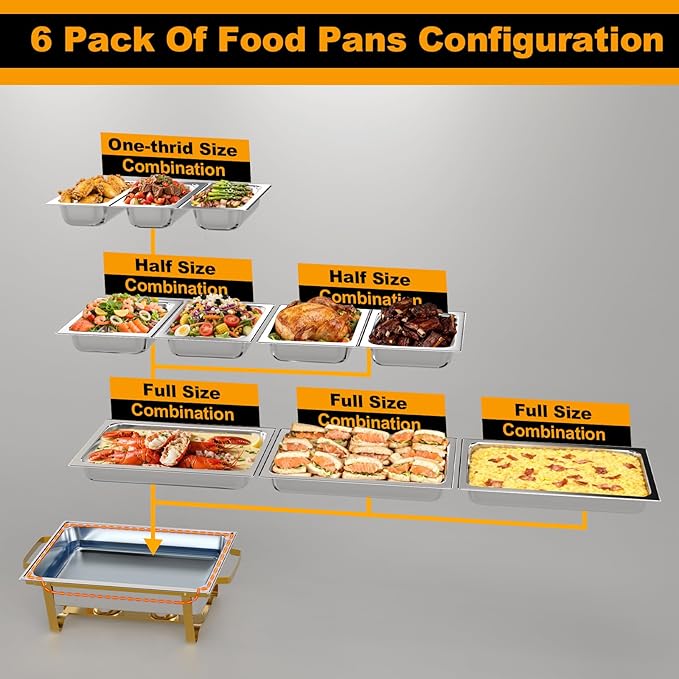 Chafing Dishes for Buffet 6 Pack, 9Qt Chafing Dish Buffet Set with Different Food Pans Combo, Food Warmers for Parties Buffet, Events & Weddings, Gold