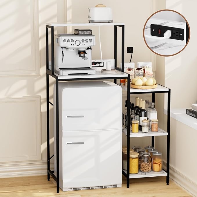 Mini Fridge and Microwave Stand Over Refrigerator Storage Shelf with Power Outlet, 5 Tiers Adjustable Bakers Rack Cabinet Coffee Bar Appliance Organizer for Dorm Office,Marble-Look