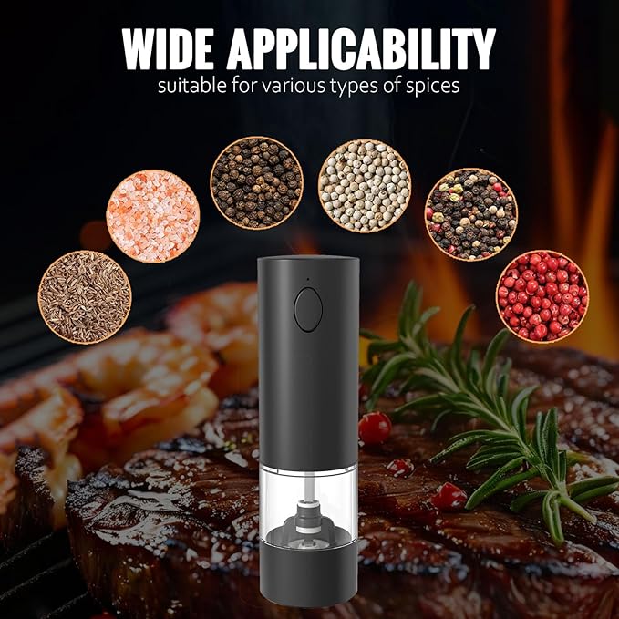 Electric Pepper Grinder, Rechargeable Automatic Pepper Mill Grinder with Led Light, One Hand Operation, One-Button Control, Adjustable Coarseness, Refillable 70ml, Black(1 Pack)
