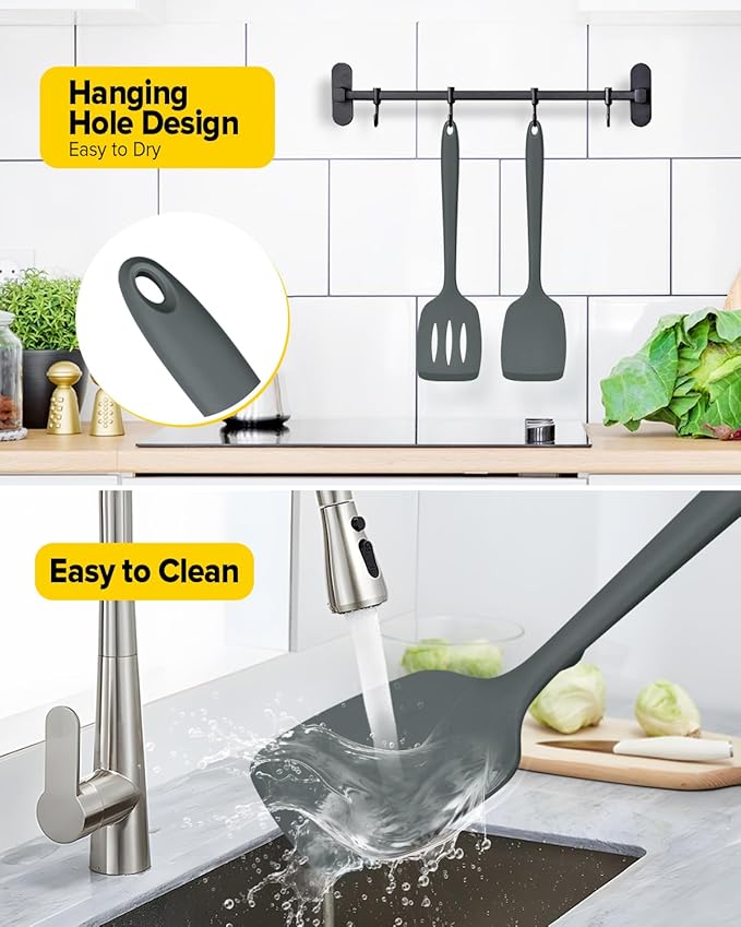 Pack of 2 Silicone Spatula Turners, Non Stick Slotted Kitchen Spatula Set, Heat Resistant BPA Free Kitchen Utensils, One-Piece Design, Suitable for Flipping Fish, Eggs, Steak, Pancakes(GRAY)