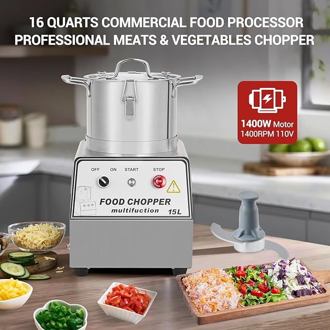 GarveeHome 1400W Commercial Food Processor, 16 Quart Electric Vegetable Chopper Meat Grinder, Multi-Functional Food Processor with Stainless Steel Body & Blade, Gloves, Brush, 110V