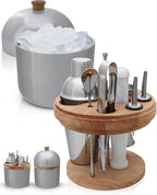 Gusto Nostro Cocktail Set Bartender Kit with Stainless Steel Ice Bucket - Complete Mixology Bar Tool Set with Wooden Organizer, Cocktail Shaker, Jigger, Muddler, Spoon, Tongs, Pourers, Recipe Cards