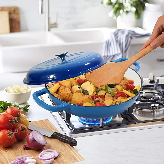 Cast Iron Dutch Oven 3.8 Quart Pot With Lid - Blue Heavy Duty Dual Handles Porcelain Enameled Skillet - Family or Friends Gifts