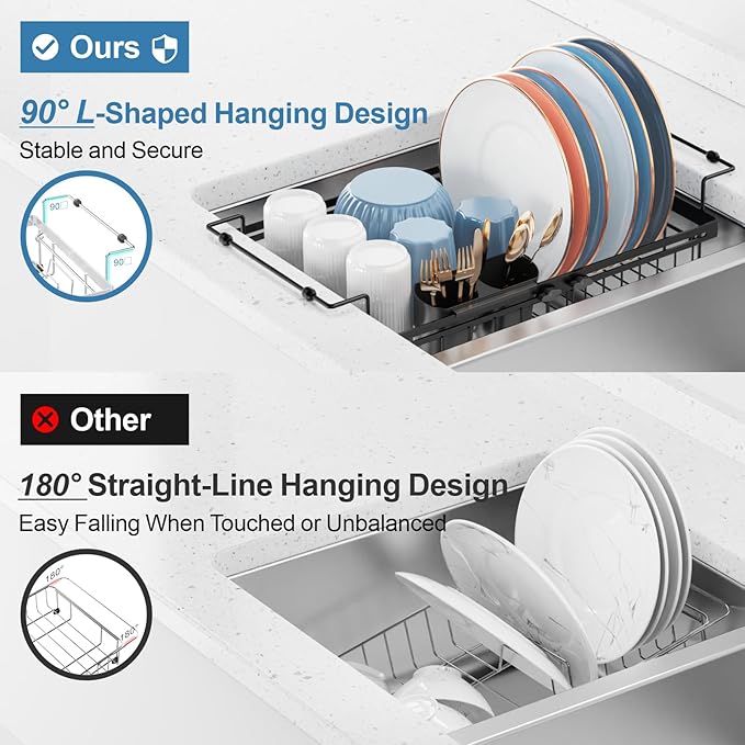 iSPECLE in Sink Dish Drying Rack - Capacity Expandable Dish Rack with 2 Cup Holder, Dish Drainer for Kitchen Sink Counter with Utensil Holder Large Capacity, Black
