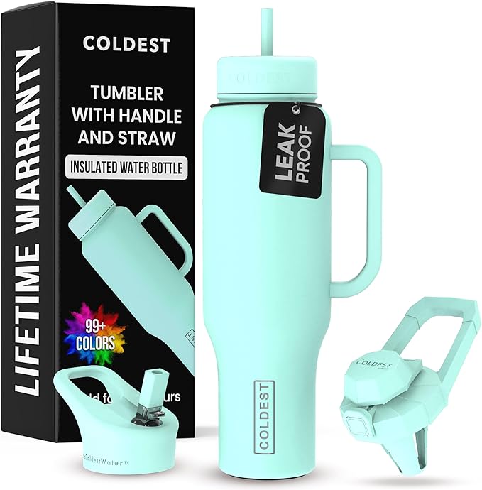 Coldest Tumbler with Handle and Straw - 100% Leak Proof Insulated Tumbler with Lid and Straw (3 Lids) - Stainless Steel Tumblers for Women & Men - Cup Holder Friendly Base, 46 oz (Oceanic Green)