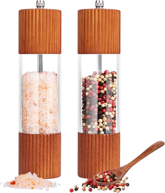 Wooden Salt and Pepper Grinder Set, 8 Inch Manual Salt and Pepper Mills, Premium Acrylic Salt and Pepper Shakers with Adjustable Ceramic Core, Refillable Shakers for Kitchen(2 Pack)