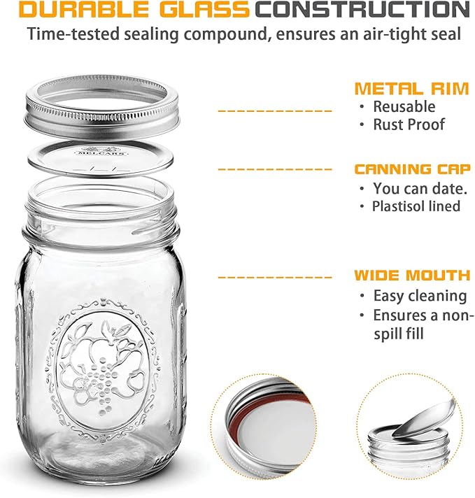 Regular Mouth Glass Mason Jars 16 oz, 6 Pack Glass Canning Jars with Metal Airtight Lids and Bands and Measurement Marks, for Canning, Preserving, Overnight Oats, Jam, Jelly, Food Storage, DIY etc