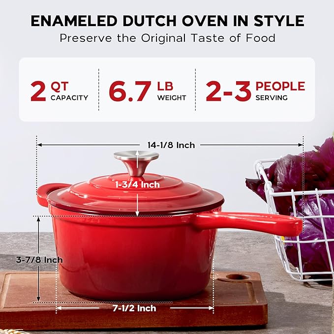 Onader 2QT Saucepan with Lid, Enameled Cast Iron Sauce Pan Pot, Small Dutch Oven Cooking Kitchen Pot, Nonstick & Heavy Duty – Red