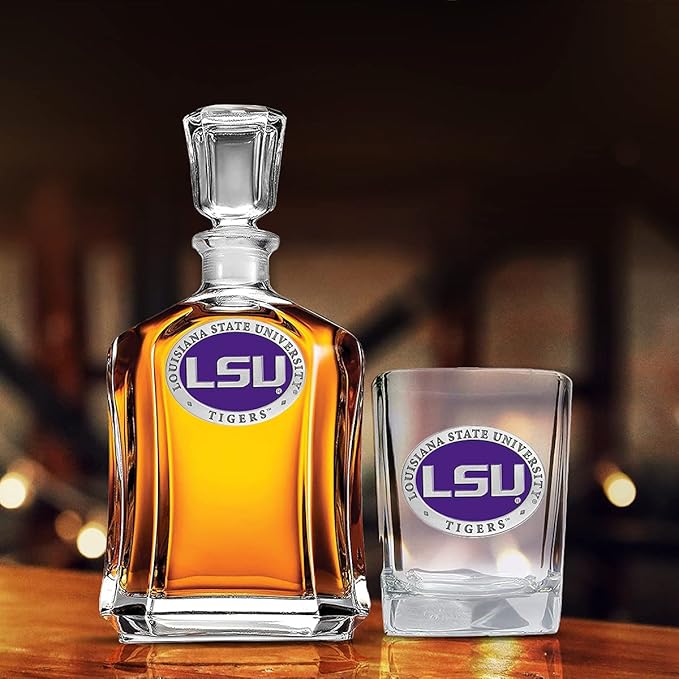 Heritage Pewter LSU Lousianna State University Square Shot Glass | Hand-Sculpted 1.5 Ounce Shot Glass | Intricately Crafted Metal Pewter Alma Mater Inlay
