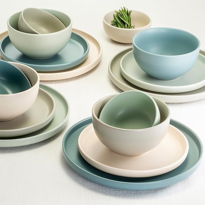 Sango 16-Piece Stoneware Dinnerware Set for 4, Satin Glazed Plates and Bowls Sets with Matte Finish, Ceramic Dish Set, Durable Kitchen Dishes, Microwave & Dishwasher Safe Dining, Rollo Artist's Blend