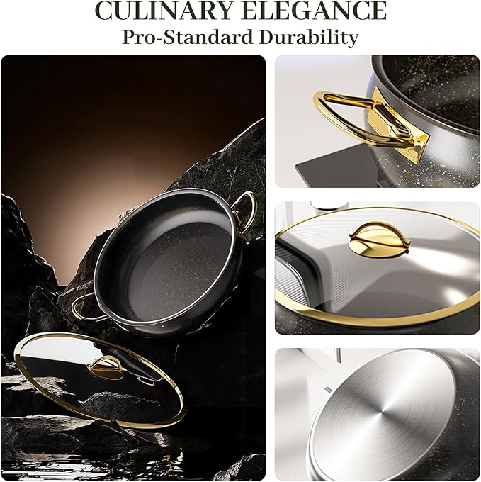 Fully Clad 5-Ply Stainless Steel Cookware Set, 12Pcs Nonstick Pots and Pans Set with Stay-Cool Handles, Induction Compatible, Stackble Design, Includes with Frying Pan, Saucepans and Saute Pan (Black)