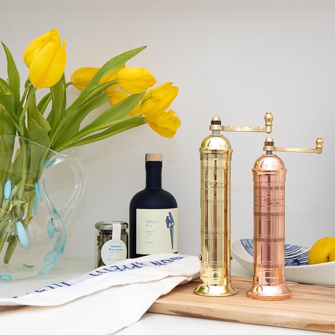 The Original Greek Pepper Mill 10 Inch Tall | European Pepper Mill Grinder with Crank Handle | Manual Pepper Grinder | Peppercorns Refillable - Brass